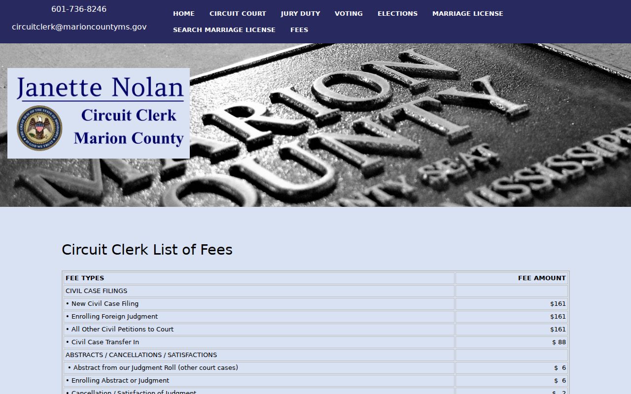 Marion County Circuit Clerk court record search copy and certification fee schedule