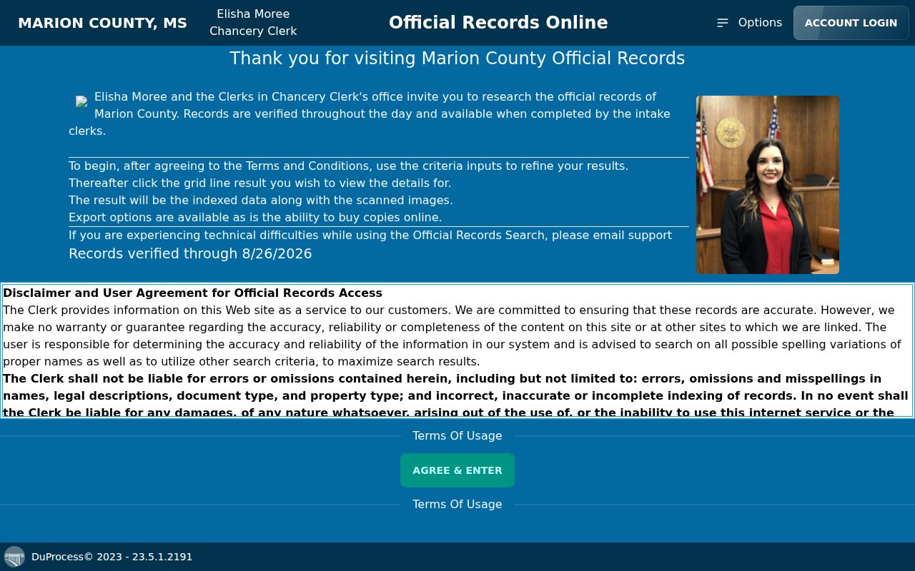 Marion County land record search fields and informational index notice