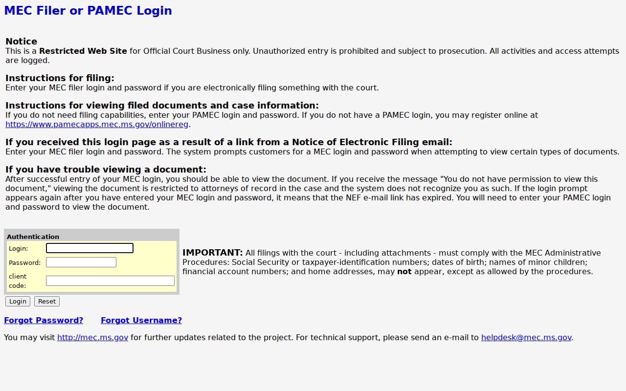 Marion County criminal docket Fifteenth Circuit MEC restricted login screen